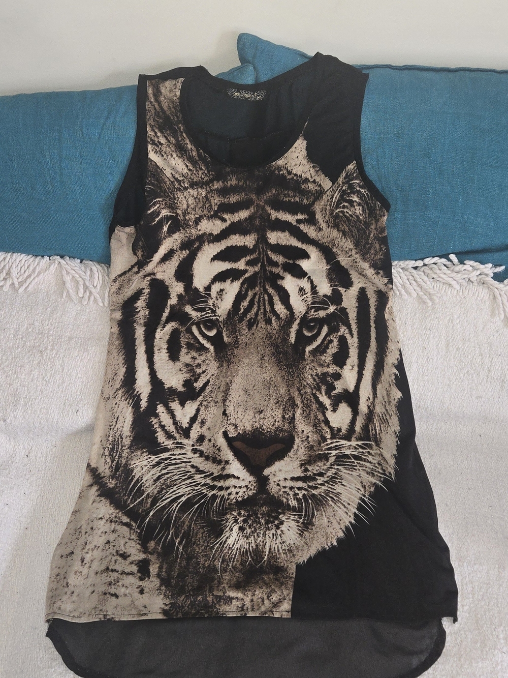 QED London Tiger Graphic Sheer Back Tank Top Size XL
